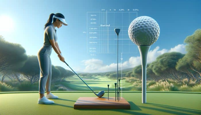 Golfer adjusting tee length on a South African course, comparing short and tall tees under a clear sky.