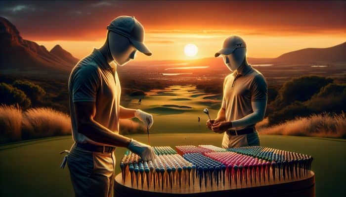 Ernie Els and Louis Oosthuizen selecting wooden tees at sunset on a scenic South African golf course.