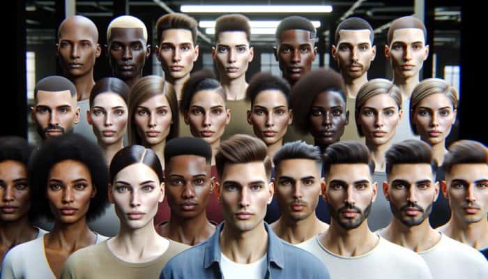 A diverse group of individuals sporting center-parted hairstyles that enhance their features, showcasing symmetry and natural beauty.