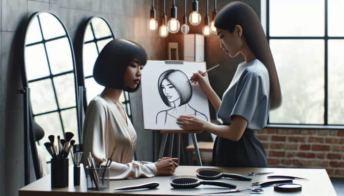 A stylist engages with a client, sketching contours for a jawline bob with tools and a mirror.