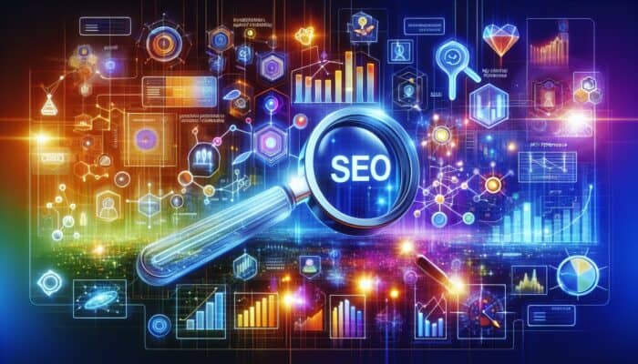 A digital landscape featuring SEO charts, interactive elements, and a magnifying glass focused on KPIs.