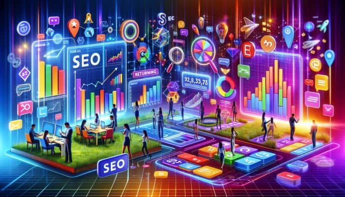 A vibrant digital interface showcasing gamified SEO elements, interactive quizzes, and personalized calculators against colorful graphs.