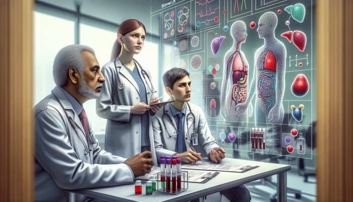 A medical illustration depicting liver blood testing in a modern Bloxwich clinic, showcasing experts and advanced equipment.
