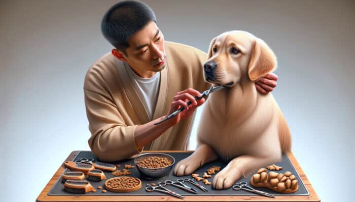 A focused groomer carefully trimming a calm dog using fur trimming tools, with treats nearby for encouragement.