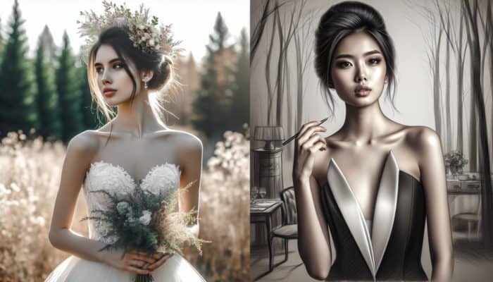 A bride showcasing a loose, romantic updo with wildflowers for a rustic wedding, alongside another bride with a sleek chignon for a formal event.