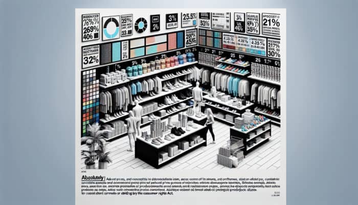 strategies-for-labelling-clearance-items-in-uk-retail: A UK retail store showcasing clearance items with clear labels displaying original and discounted prices, compliant with the Consumer Rights Act.