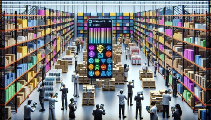 A retail warehouse featuring colorful barcode labels, staff scanning items, and a well-organized clearance section with discounted products.