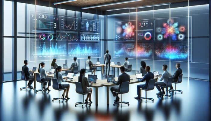 A digital dashboard displaying micro-conversion success rates while experts analyze data in a modern office environment.