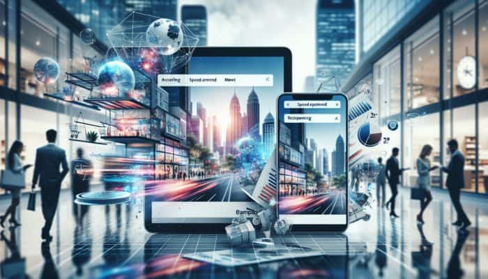 E-commerce website displayed on smartphone and laptop, featuring intuitive navigation, fast loading times, and mobile responsiveness within a Bampton business environment.