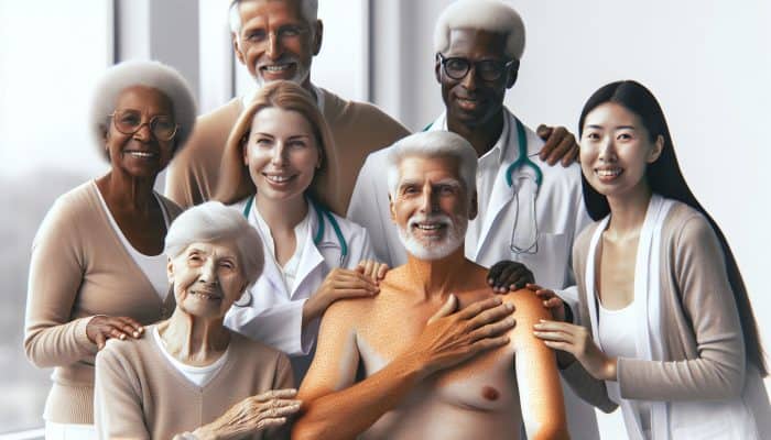 Elderly individuals with darker skin, residing in northern latitudes, indoors, at risk of vitamin D deficiency, undergoing health checks.