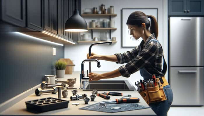 A technician expertly installing a modern Delta faucet in a newly renovated kitchen, emphasizing precision and efficiency.