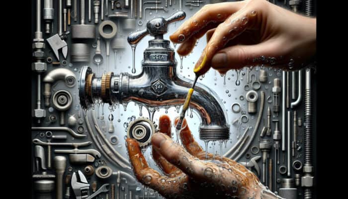 A Delta faucet dripping, with hands replacing washers and cleaning an aerator, surrounded by essential plumbing tools.