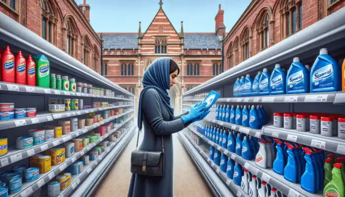 Customer selecting nitrile gloves in a Warwick supermarket, with Tesco and Sainsbury's logos visible.