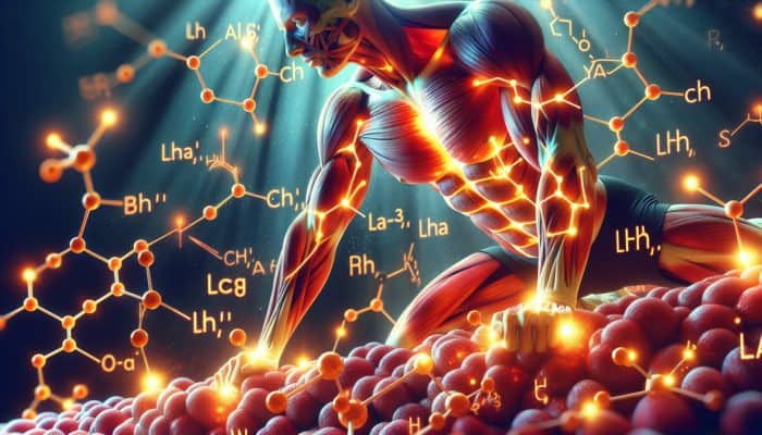 Illustration showcasing muscle tissue with glowing carnosine molecules buffering lactic acid during intense workouts, emphasizing beta-alanine's pivotal role.