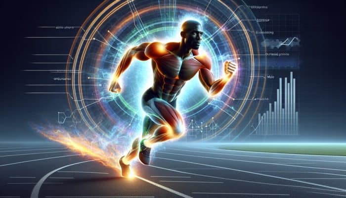 Athlete sprinting with highlighted muscles indicating increased carnosine levels and enhanced endurance.