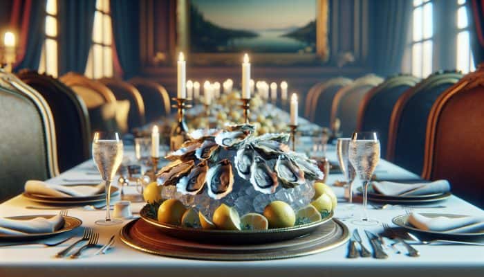 Foods to Improve Women’s Libido: Fresh oysters on ice with lemon slices, creating a romantic dinner setting in traditional British cuisine.