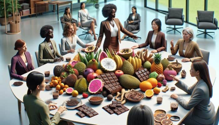 A table adorned with exotic fruits, chocolate, and libido-boosting herbs, discussed by professional women in an upscale office.