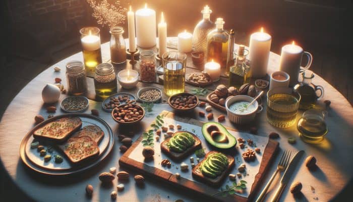A romantic dinner featuring avocado toast on wholegrain bread, surrounded by nuts and oils, in soft evening light.
