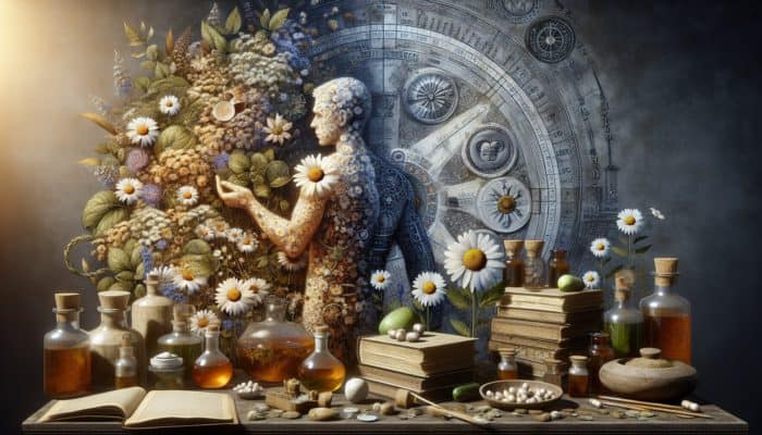 An ancient apothecary scene featuring chamomile flowers and remedies aiding skin rash and inflammation relief.