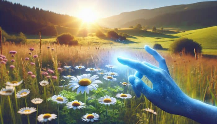 Chamomile flowers in a meadow emanating a soothing blue essence onto irritated skin, effectively reducing redness.