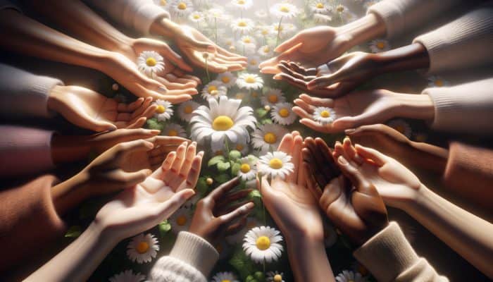 Chamomile flowers illuminated in soft light, with diverse hands gently touching petals, symbolizing skincare safety and versatility.