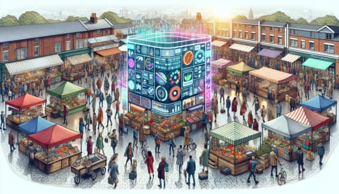A vibrant Weston-super-Mare street market showcasing stalls selling local products and digital WooCommerce displays.