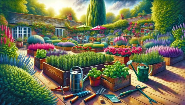 A vibrant UK garden featuring rosemary, basil, and mint, surrounded by gardening tools under the sun.
