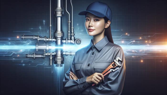 A skilled plumber using advanced tools to repair and maintain a modern drainage system in a professional setting.