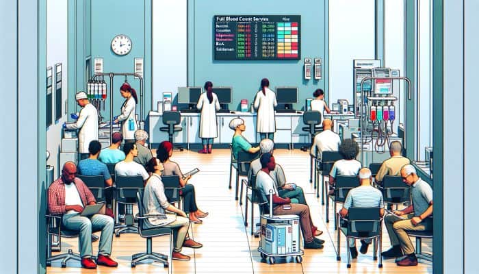 A bustling health clinic in Chadderton, showcasing patients awaiting full blood count services, equipped with state-of-the-art medical tools and welcoming staff.
