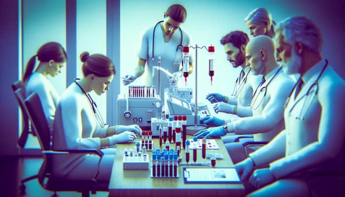 Illustration of FBC test being conducted in a Chadderton clinic, with professionals analyzing results for early detection of anaemia and infections.