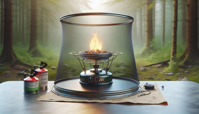 A camping stove on a stable surface in a forest, with a windscreen and safely stored fuel canisters.