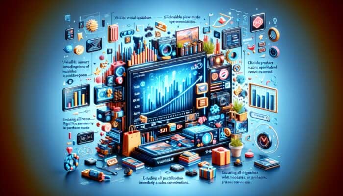 A vibrant digital interface displaying a shoppable video with clickable product icons, boosting sales conversion.