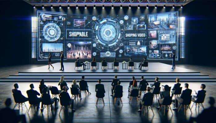 Industry leaders discussing shoppable video trends at a modern stage with interactive screens in a futuristic conference hall.