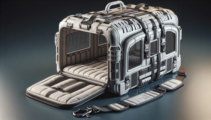 A spacious, sturdy custom carrier for a large dog featuring adjustable straps, ventilation, and a padded interior for ultimate comfort.