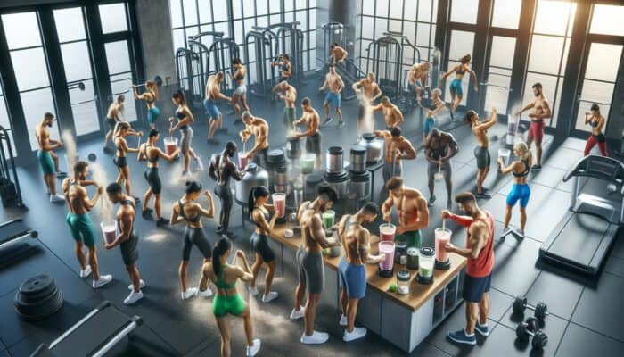 Athletes in a gym mixing protein shakes, surrounded by fitness equipment, focusing on muscle repair and growth.