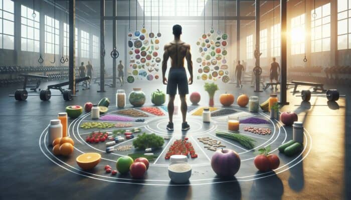 An athlete in a gym, surrounded by whole foods and supplements, illustrating dietary balance and nutrition.