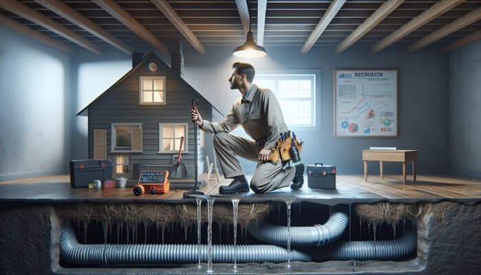 An expert inspecting a damp crawl space with modern drainage tools, ensuring quality and compliance with building codes.