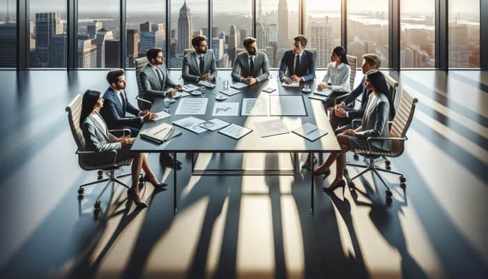 Can Anyone Get a Debt Consolidation Loan: UK Guide | DCL A diverse group of financial experts discussing loan accessibility at a modern conference table with city skyline view.