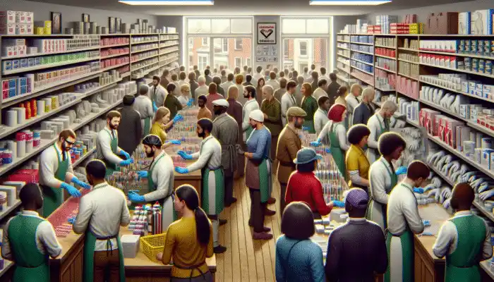 A busy Swansea specialty shop with shelves stocked with latex gauntlet gloves and staff helping customers choose safety gear.