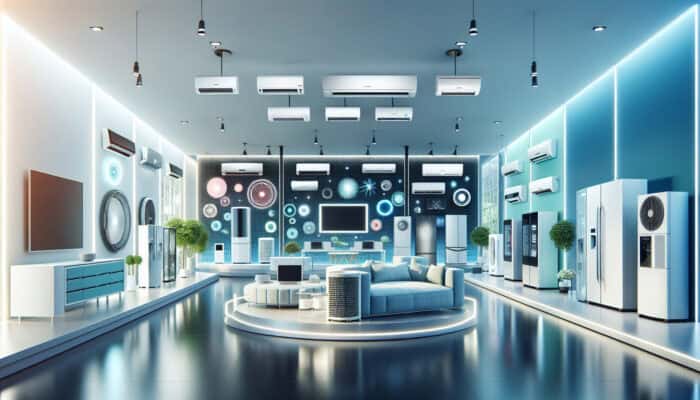 A diverse assortment of air conditioning units displayed in a modern showroom.