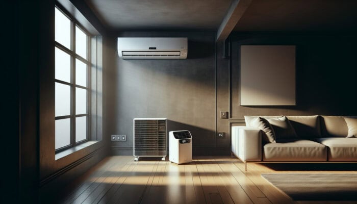 A contemporary room showcasing a window and portable air conditioner, highlighting their versatility and cost-effectiveness.