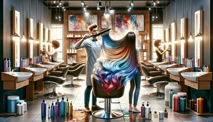 A professional stylist applying ombre hair colour with premium products in a well-lit salon environment.