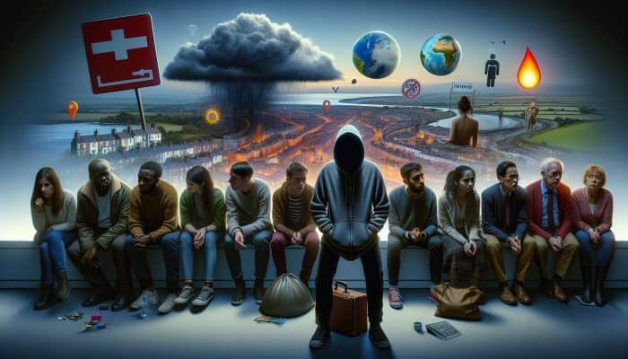 Mental Health Statistics Unveiled: A diverse group of young UK residents, some isolated or in therapy, amidst symbols of mental health issues and economic, global crises.