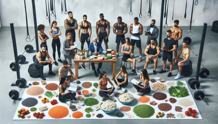 Protein for Vegetarian Lifters: Vegetarian weightlifters discussing protein needs with experts, surrounded by plant-based foods and charts in a gym.