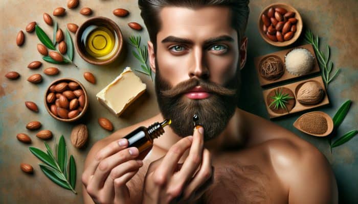 Man applying beard oil with natural ingredients like argan, jojoba, and shea butter for hydration and softness.