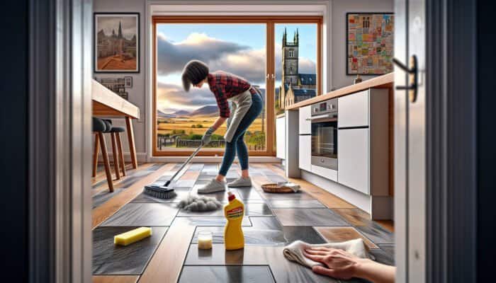 A person diligently cleaning grout haze from kitchen floor tiles in West Dunbartonshire, showcasing Scottish architecture in the background.