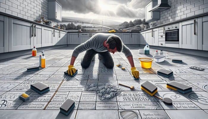 Individual cleaning grout haze from kitchen tiles in West Dunbartonshire, achieving a radiant result.