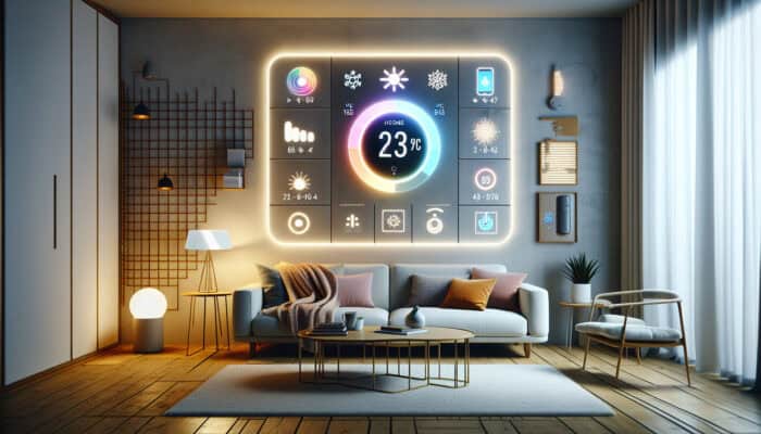 Smart thermostat displayed on the wall in a modern living room, controlled by smartphone, with sensors monitoring the heating system.