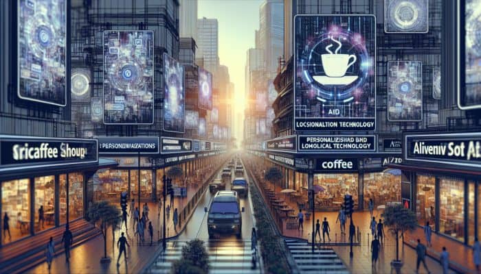 A futuristic cityscape with AI-driven billboards and a Delhi coffee shop displaying geo-targeted ads.