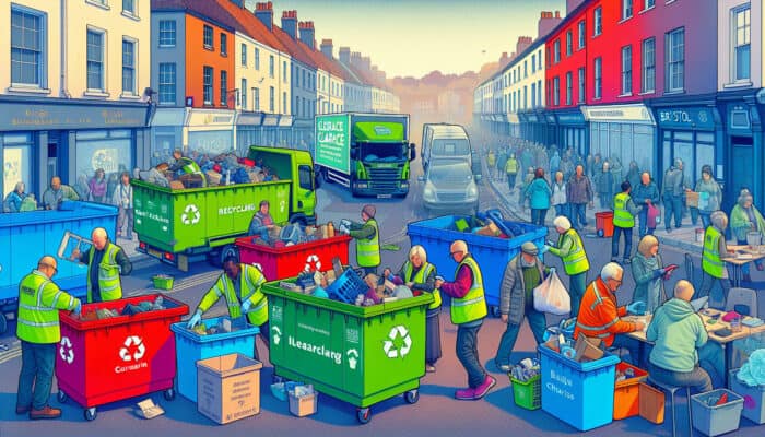 A vibrant Bristol street scene with eco-friendly clearance trucks and workers sorting items into bins labeled 'Recycle', 'Reuse', 'Donate', surrounded by local charity logos and happy community members.